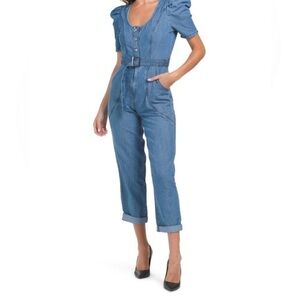 Lonestar denim jean jumpsuit puff sleeves belted sweetheart